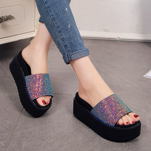 新款亮片拖鞋女夏季2018高跟厚底凉拖鞋松糕