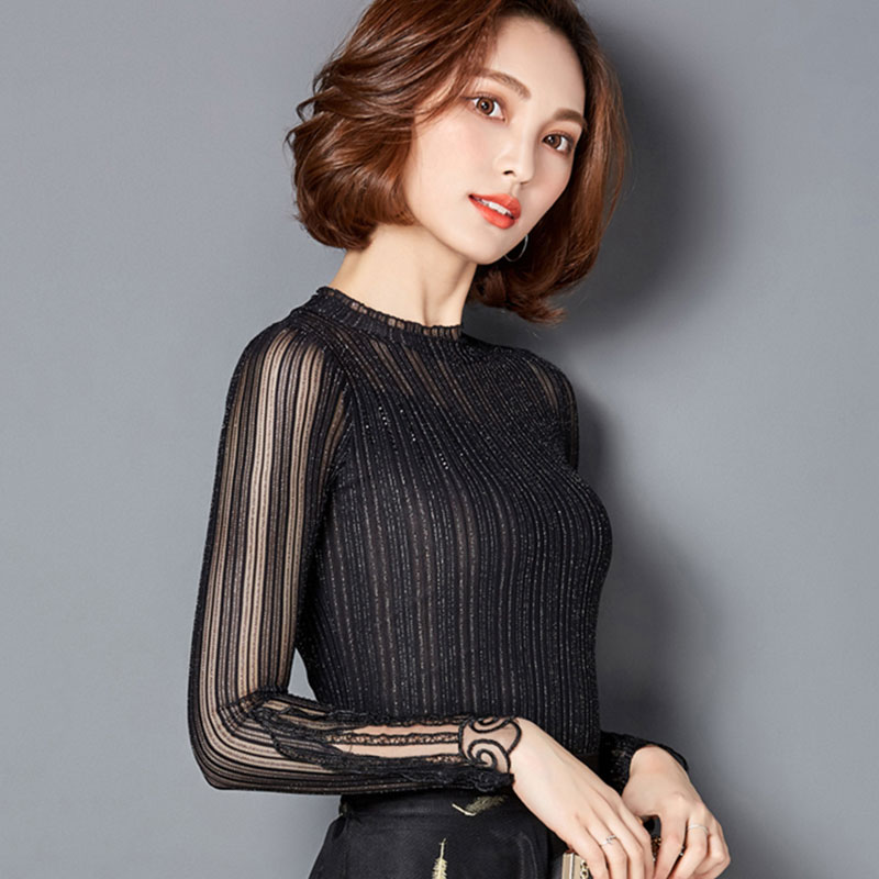 网纱打底衫女长袖春秋紧身弹力纱衣镂空性感薄款t恤短款蕾丝上衣
