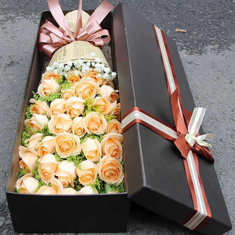 七夕玫瑰 香槟玫瑰花礼盒北京同城鲜花速递 女友生日实体店上门
