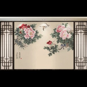 牡丹工笔花鸟古典 span class=h>壁纸 /span>国画墙纸客厅电视背景墙