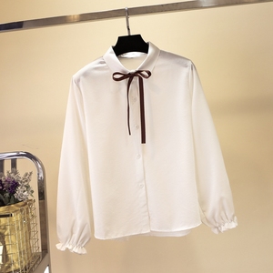 学院风领口系带纯色衬衫女2018秋冬新款翻领宽松长袖内搭气质衬衣