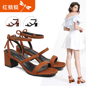 红蜻蜓女鞋2018夏季新款舒适优雅蝴蝶结粗跟女凉韩版时尚高跟凉鞋