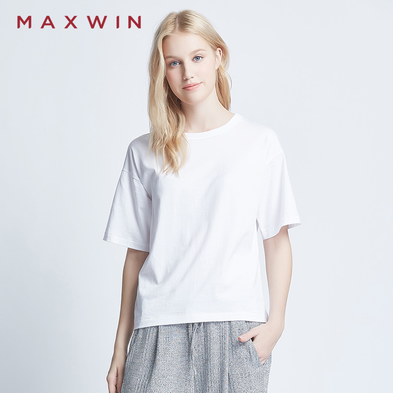 MAXWIN马威夏季女装上衣纯棉纯色短袖女半袖宽松百搭T恤打底衫