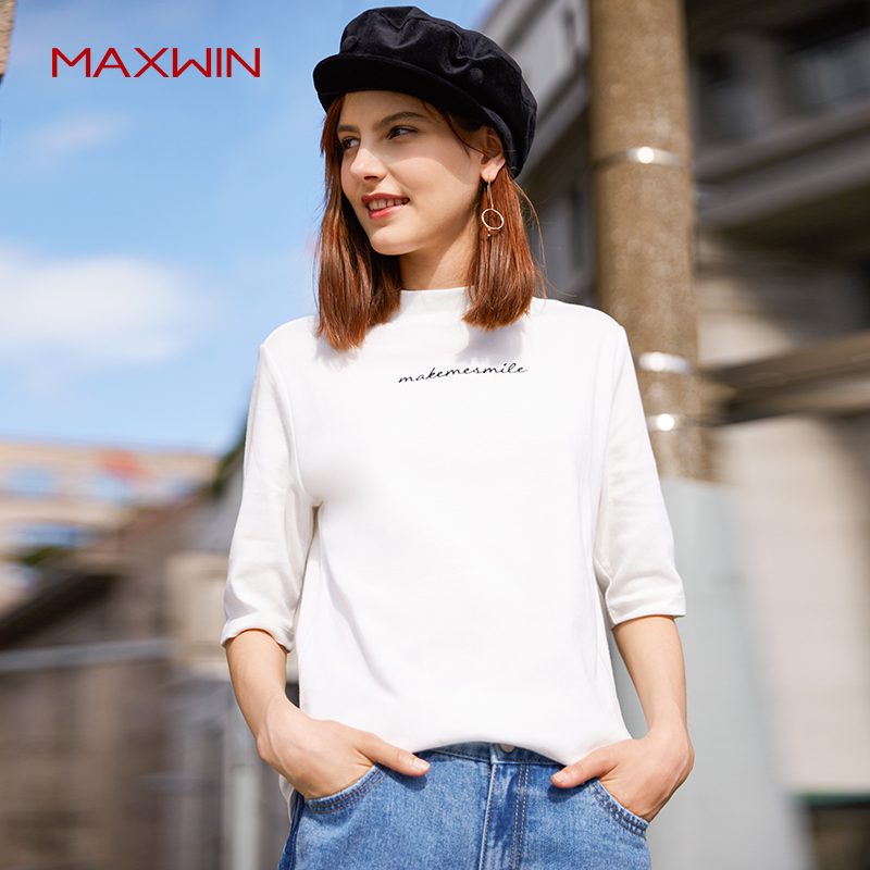 MAXWIN短袖T恤女春夏时尚小高领半袖圆领纯棉显瘦百搭新款女上装