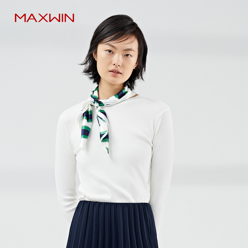 MAXWIN马威春季女士长袖T恤棉质纯色显瘦百搭打底T春季上装女T