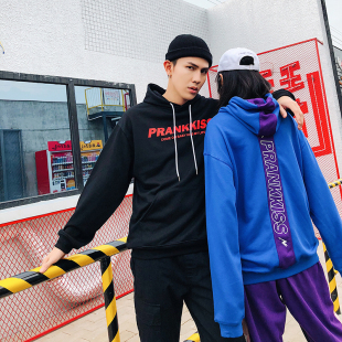 prank kiss李予诺原创潮牌prks秋季字母印花情侣套头连帽卫衣男潮