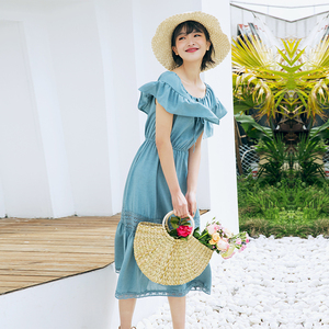 漫橙女装2018 及踝长裙女夏学生森系荷叶边一字肩收腰连衣裙长款