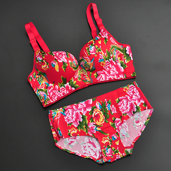 包邮东北大花龙凤本命年无钢圈文胸套装结婚大红色聚拢性感内衣潮