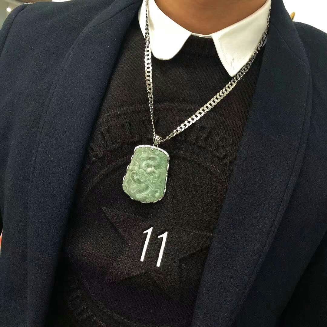 纯银镀白金框925翡翠新玉龙牌男士吊坠时尚帅气项链男友礼物包邮