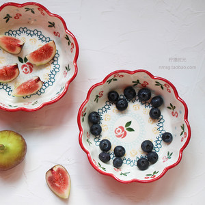 柠漫时光丨日式复古红色樱桃边沙拉甜品水果小碗早餐碗麦片碗陶瓷