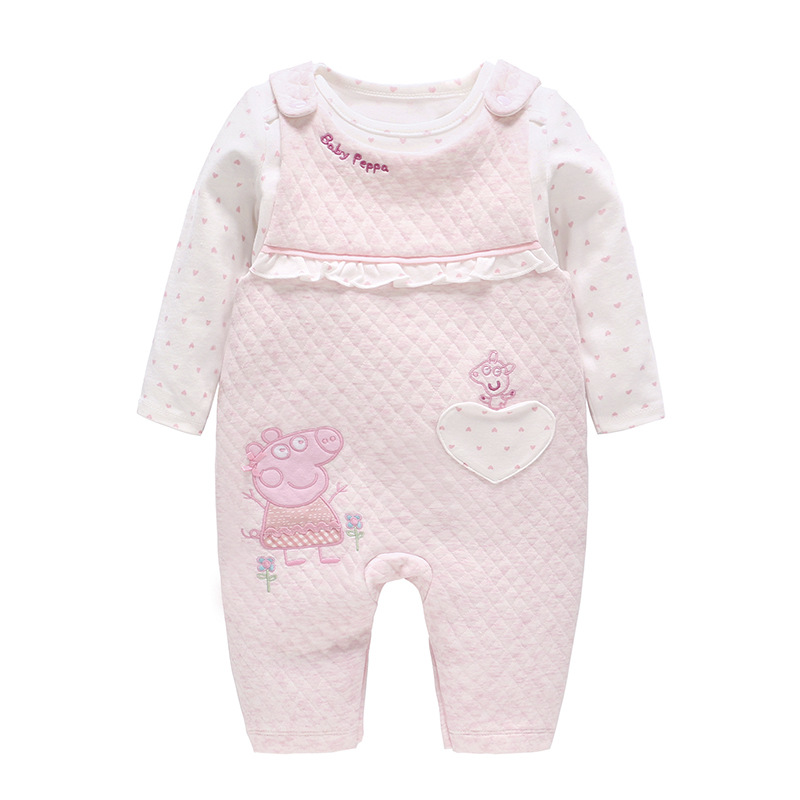 爱婴岛婴童套装 2019春季新款婴儿衣服 粉色小猪夹丝棉婴儿连体衣
