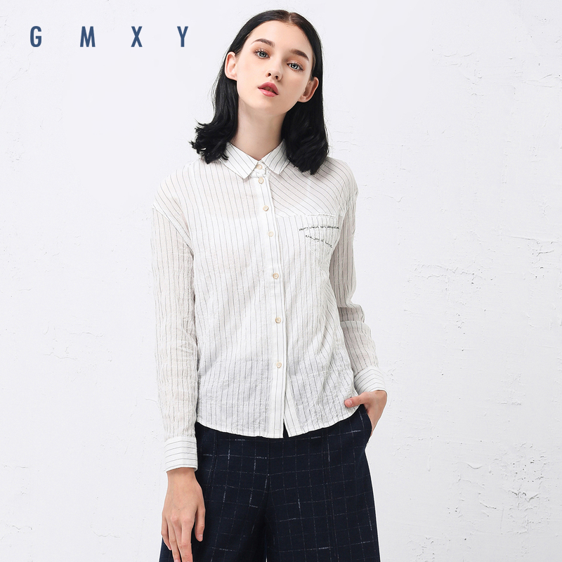 古木夕羊/GMXY2019春女装新品条纹文艺皱感衬衫棉新款修身D575312