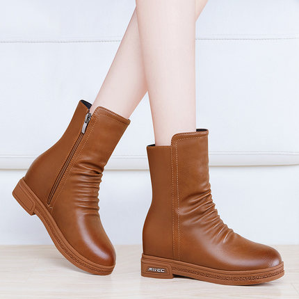 京东购物商城英伦中筒靴骑士靴平底平跟裸色秋冬季复古中筒女靴子