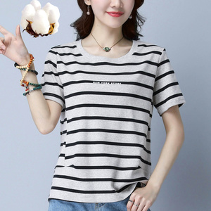 加大码女装夏季外穿中年条纹宽松纯棉短袖t恤40-45-50岁汗衫韩范