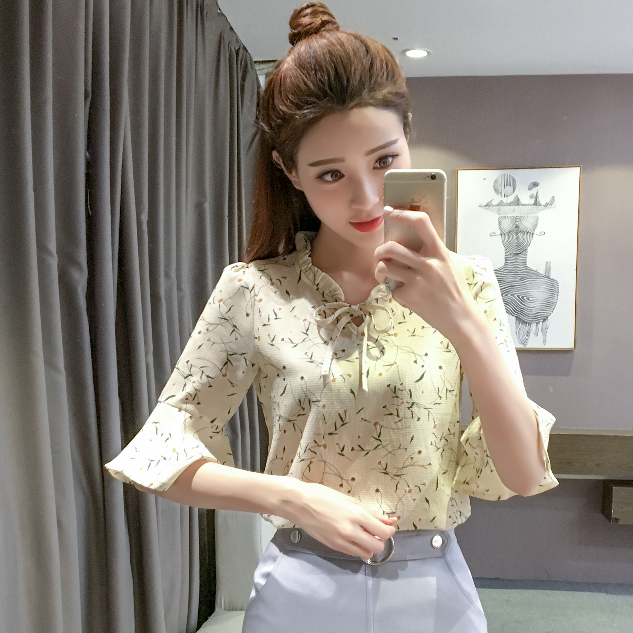 碎花雪纺衫女短袖2017夏季新款女装木耳领喇叭袖上衣柔美雪纺衬衫