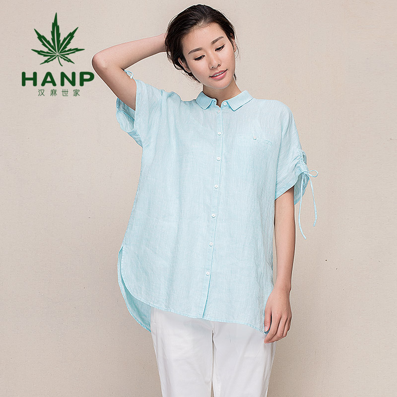 Hanp/汉麻世家短袖女衬衣蝙蝠袖衬衣女棉麻衬衫