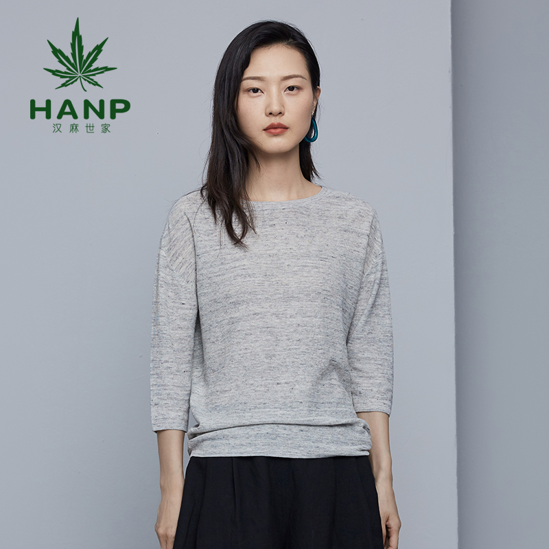 新款 Hanp/汉麻世家七分袖上衣女士圆领透气休闲针织衫秋新品