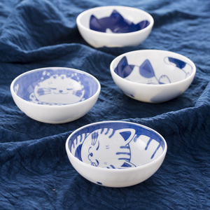 lewu日本进口釉下彩青花瓷萌猫咪小碗可爱卡通甜品碗日式陶瓷汤碗
