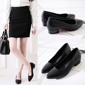 工作鞋女黑色职业正装中跟尖头皮鞋舒适防滑粗跟单鞋酒店上班鞋