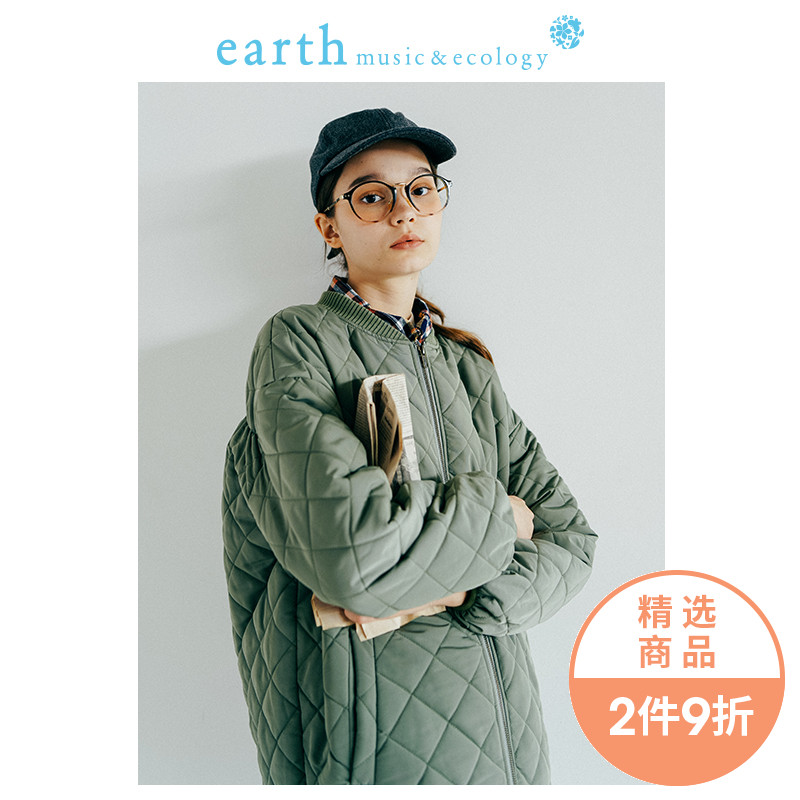earthmusic2018冬装菱形格加厚棉服中长款外套1L184I30060