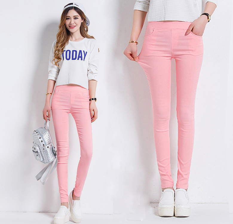2017春季韩版新款粉色百搭高腰铅笔打底小脚裤外穿薄款长裤女裤子