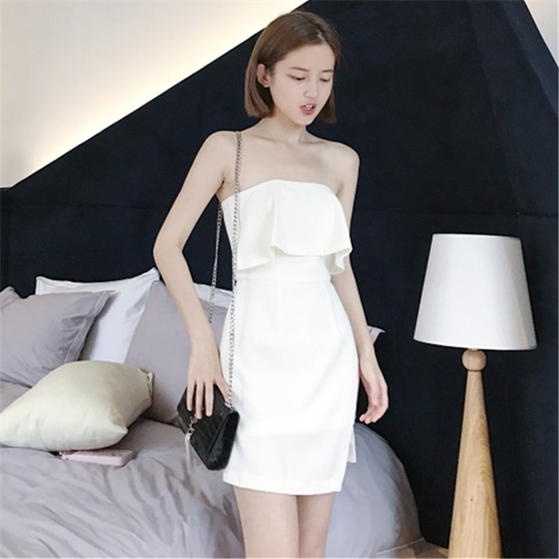 小心机露肩抹胸连衣裙女春秋2017新款韩版显瘦百搭性感开叉a字裙
