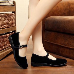 老北京 span class=h>布鞋 /span>女款黑色工作鞋一字带扣平底圆头