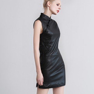 春装女装新款短款连衣裙复古改良短裙真皮皮裙盘扣高开叉无袖旗袍