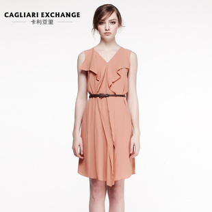 卡利亚里品牌女装v领无袖雪纺连衣裙百褶女中裙6.25上新1707067