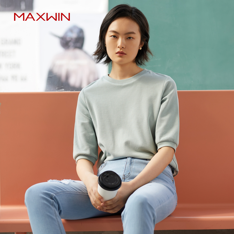 MAXWIN马威卫衣春季女纯棉中午T恤上装女春款纯色百搭191242027