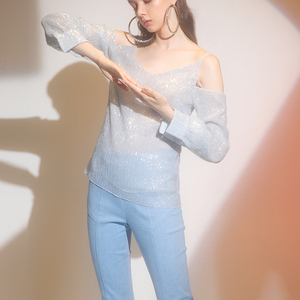 le madeleine2018秋新款透明亮片雪纺长袖上衣显瘦牛仔裤女