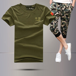 夏薄款短袖修身军人中国特种兵套装t恤七分裤整套服装运动休闲服