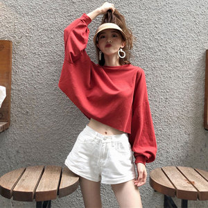 韩版气质chic慵懒风性感露肚脐短款 span class=h>t恤 /span>女秋季