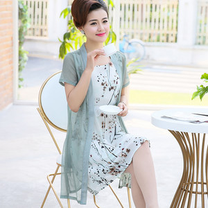 【仿真丝连衣裙女夏中老年图片】仿真丝连衣裙