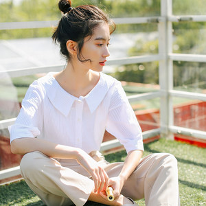 韩版学院风宽松bf半袖大格子衬衫女学生显瘦上