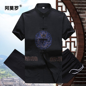 短袖唐装男中国风爸爸装中年亚麻套装宽松夏季