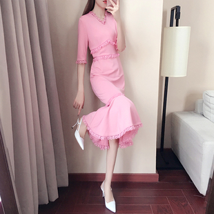 粉色蕾丝连衣裙春装2018新款女夏裙子温柔初恋裙复古中长款鱼尾裙