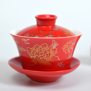春香茶具牡丹颂红瓷功夫中国红陶瓷喜庆功夫茶具套装盖碗茶碗茶杯