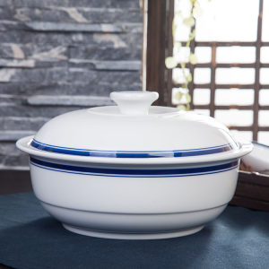 中式手工餐具蓝边陶瓷带盖汤碗菜碗饭碗釉下彩青花瓷简约风格