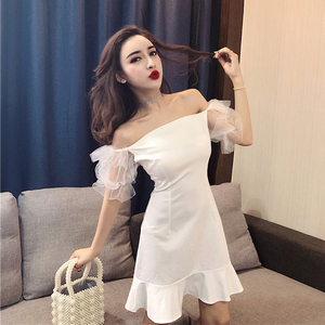 韩国ins网红主播性感露肩一字领网纱袖鱼尾抹胸礼服裙仙女连衣裙