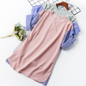 z4 2018夏季新款女装宽松打底衫袖子条纹拼接五分袖 span class=h>t恤