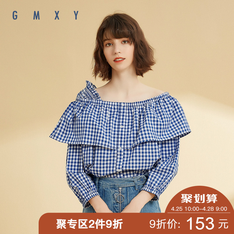 古木夕羊/GMXY2019春新品清新一字领衬衫露肩套头长袖格子衬衫女