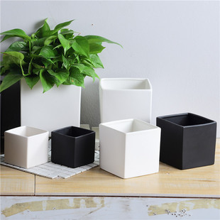 陶瓷北欧风格正四方形磨砂哑光黑白简约花盆绿萝吊兰没孔可水培