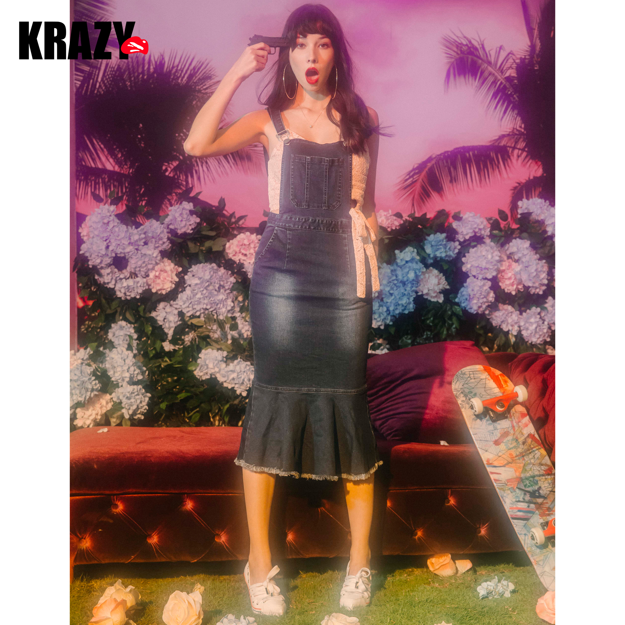 Krazy2018夏新款 剪裁修身收腰包臀鱼尾裙摆弹力牛仔背带裙