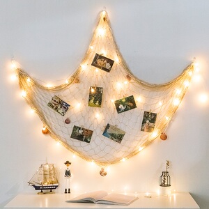 地中海渔网照片墙 span class=h>装饰 /span>悬挂墙麻绳夹子创意少女