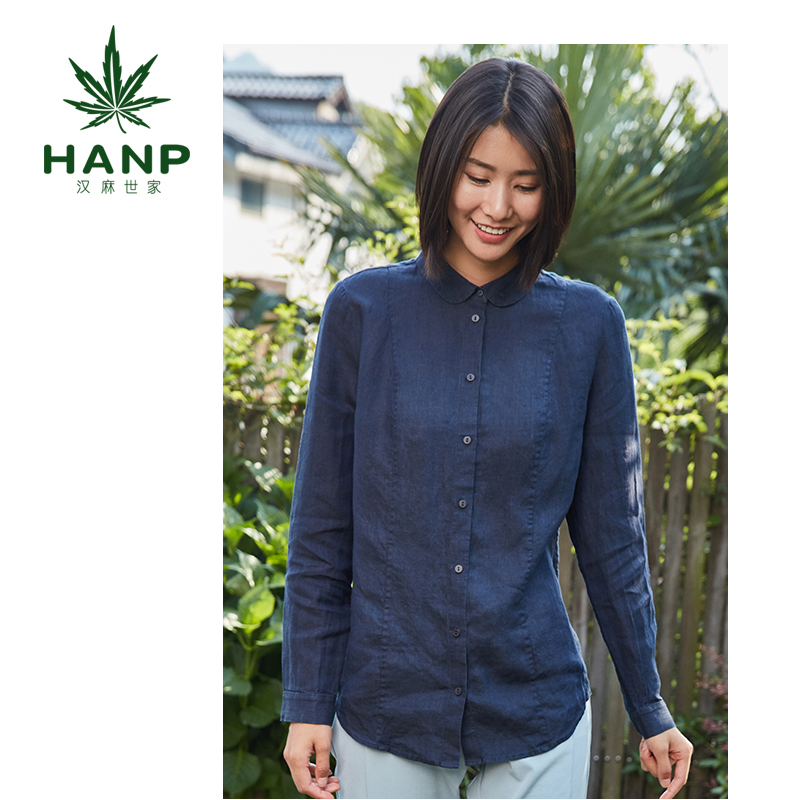 正品Hanp/汉麻世家长袖修身衬衫女棉麻翻领 舒适衬衣【新品】