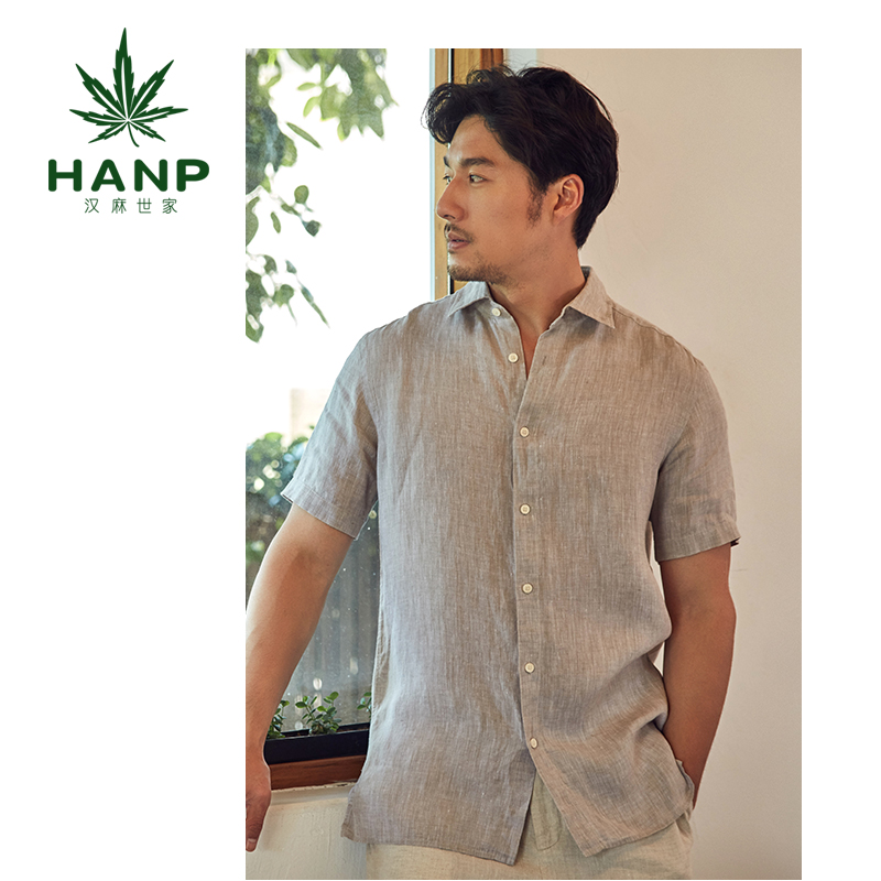 Hanp/汉麻世家青年男衬衫短袖棉麻衬衣纯色商务休闲方领宽松常规