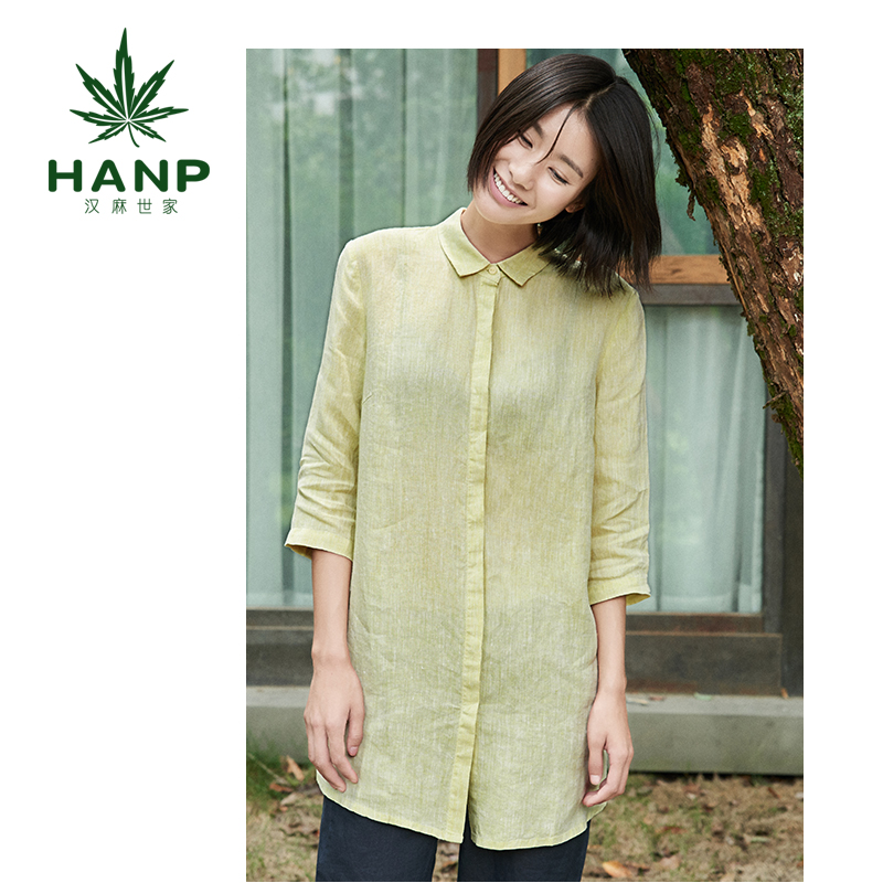 Hanp/汉麻世家中长款棉麻衬衫女五分袖休闲女衬衣短袖百搭上衣