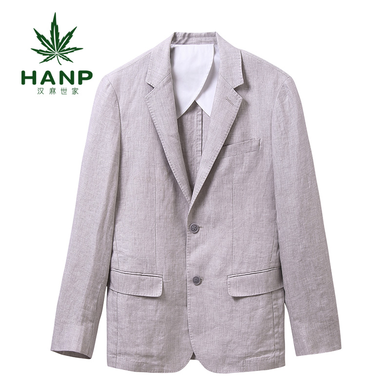 Hanp/汉麻世家商务休闲男修身棉麻西服外套男浅灰色纯色时尚都市