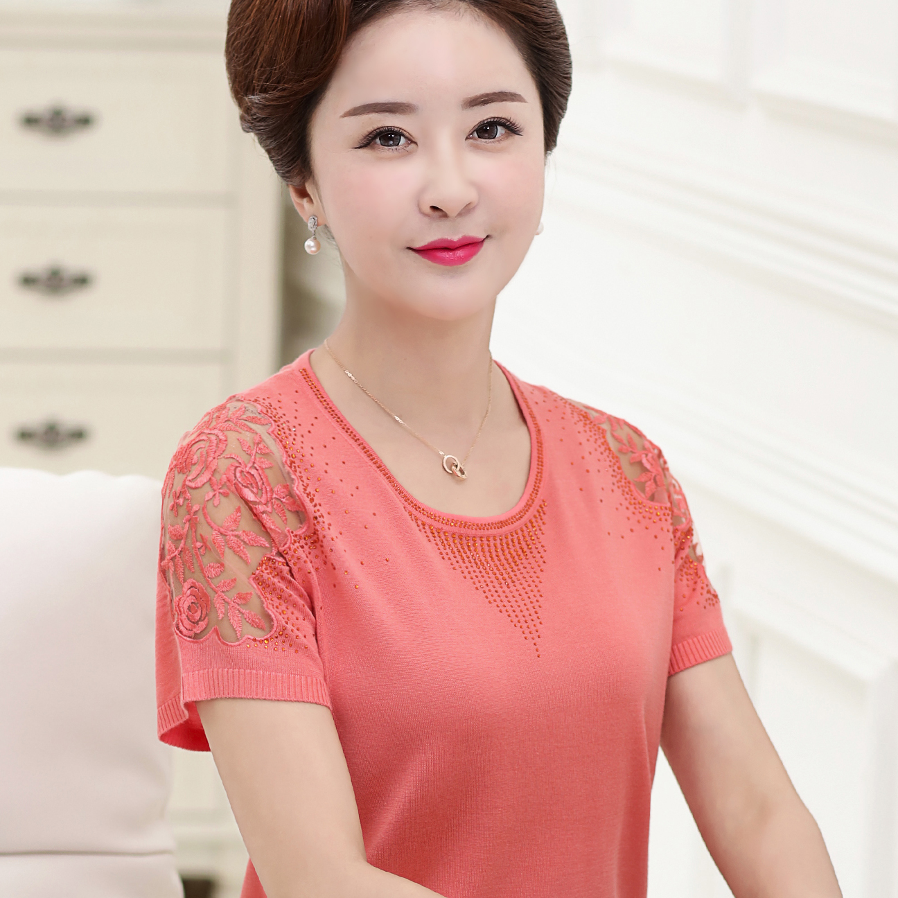 中老年女装夏装桑蚕丝短袖t恤 40-50妈妈装加肥加大码纯色上衣女